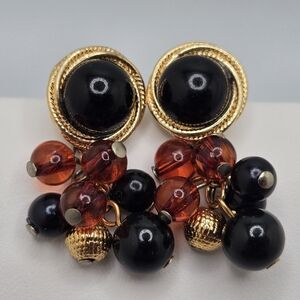 Vintage Multi-Bead Cluster Black and Gold Beaded Earrings Jones New York